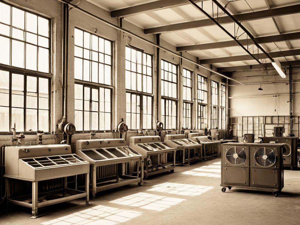 1930年代のエアコン初期の産業用空調設備のイメージ