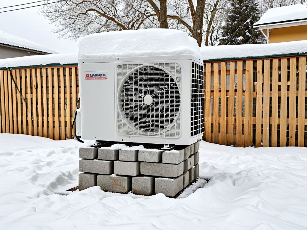積雪地域で室外機をブロックで高く設置した高置きの例