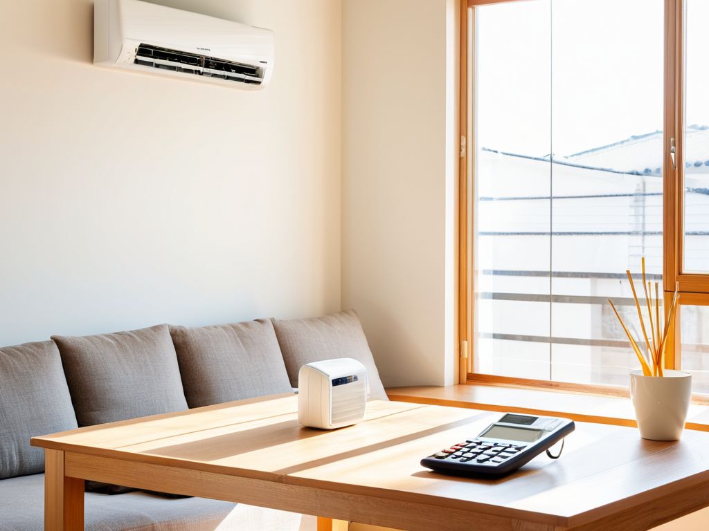日本の住宅の壁掛けエアコンと電卓を並べ、電気代を計算しようとしている様子