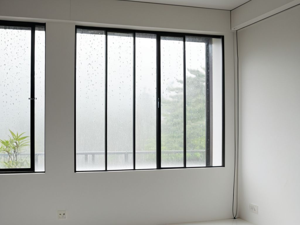 梅雨どきの雨が降る窓辺