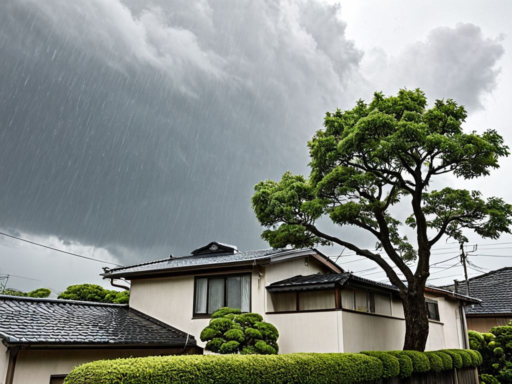 雨が強く降る日の住宅街。悪天候でエアコン工事が延期になる場面のイメージ