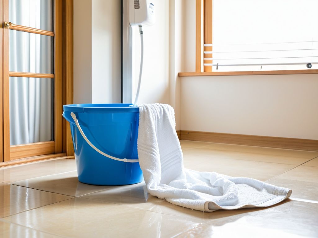 エアコンの下にバケツを置いて水漏れの応急処置をしている様子