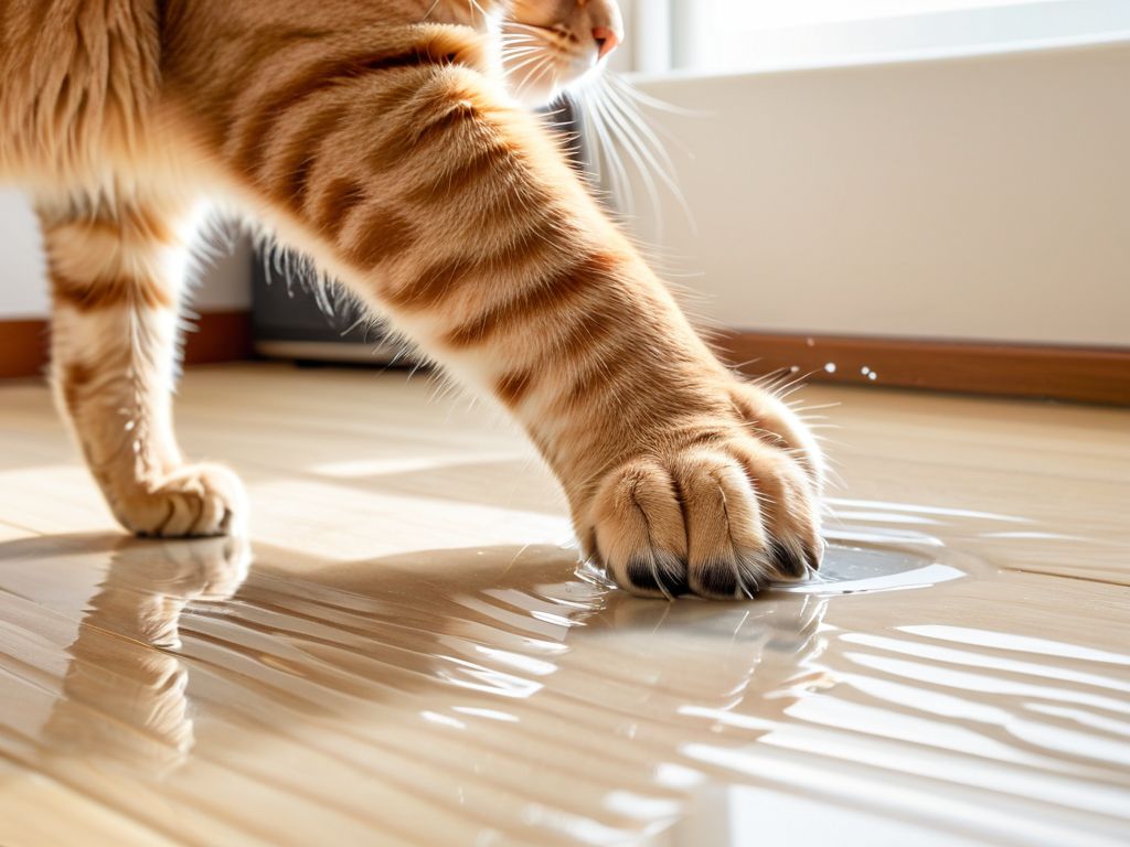 エアコンの下にできた水たまりに猫が近づいている様子