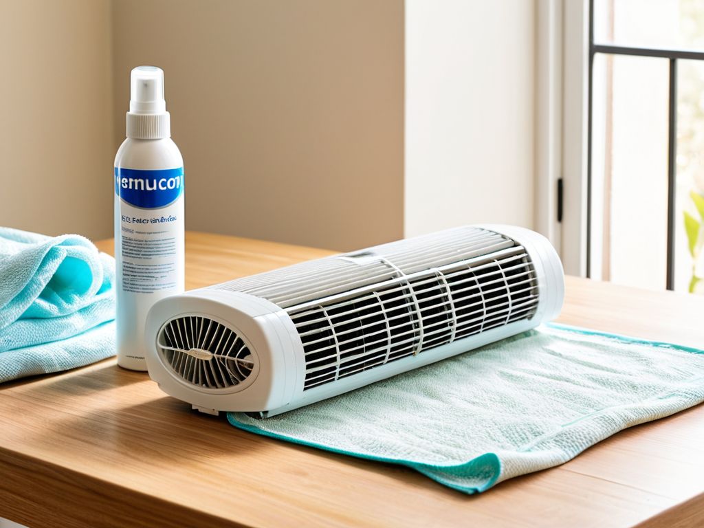 取り外したエアコンのフィルターと、におい対策グッズのイメージ