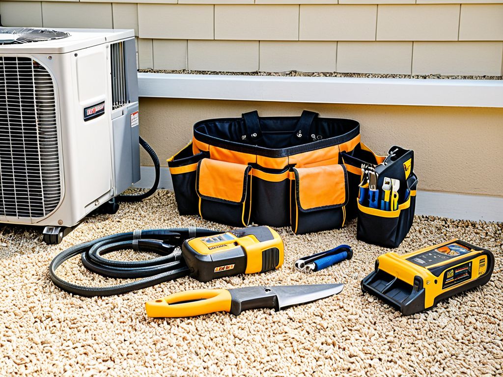 エアコン取り付け工事に使われる工具と室外機