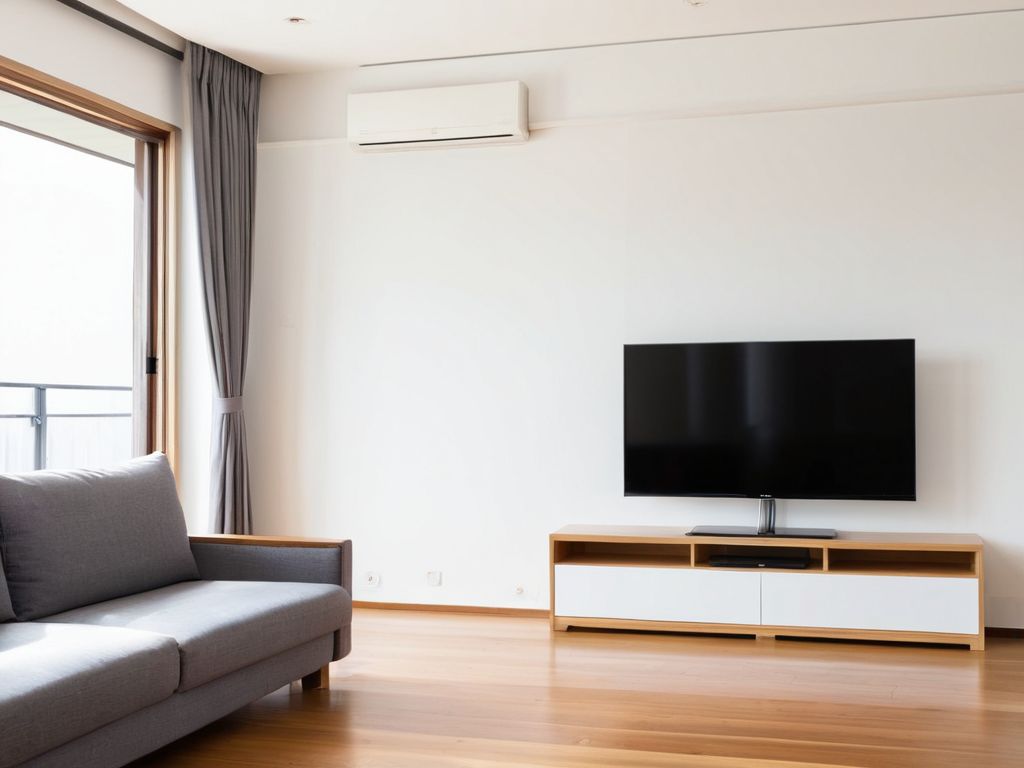 居間の壁の壁掛けエアコンと電源を切った液晶テレビ