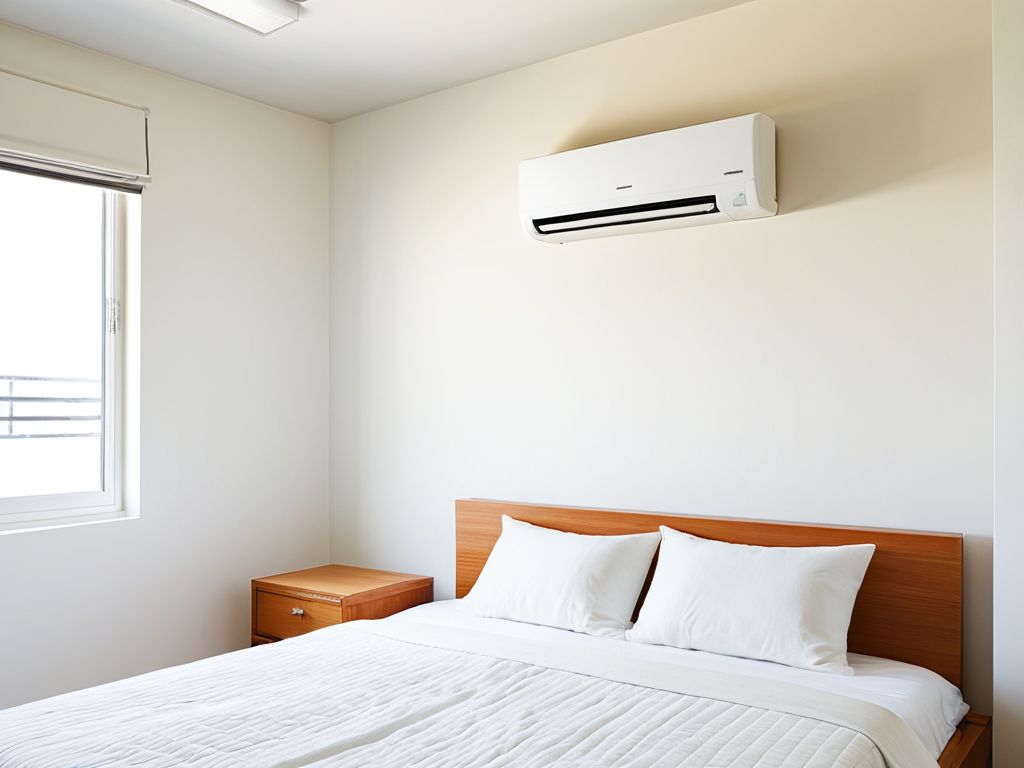 早朝の寝室の壁に取り付けられたエアコンの室内機