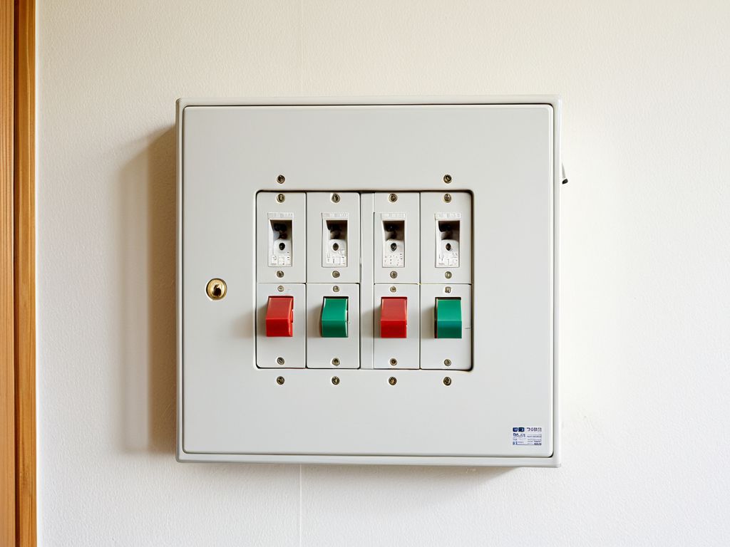 カバーを閉じた状態の家庭用分電盤とつまみの並び