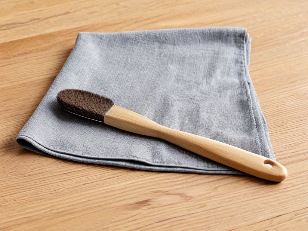 木のテーブルに置いた掃除用のクロスと柔らかいブラシ
