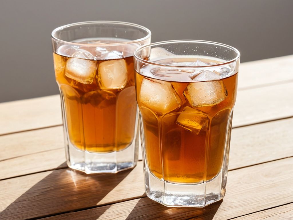 木のテーブルに置かれた氷入りの冷たいお茶のグラス