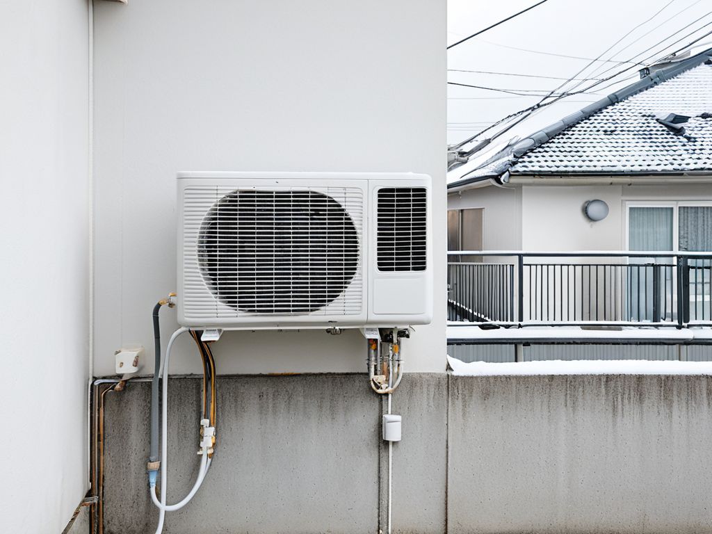 冬のベランダに置かれた家庭用エアコンの室外機の外観