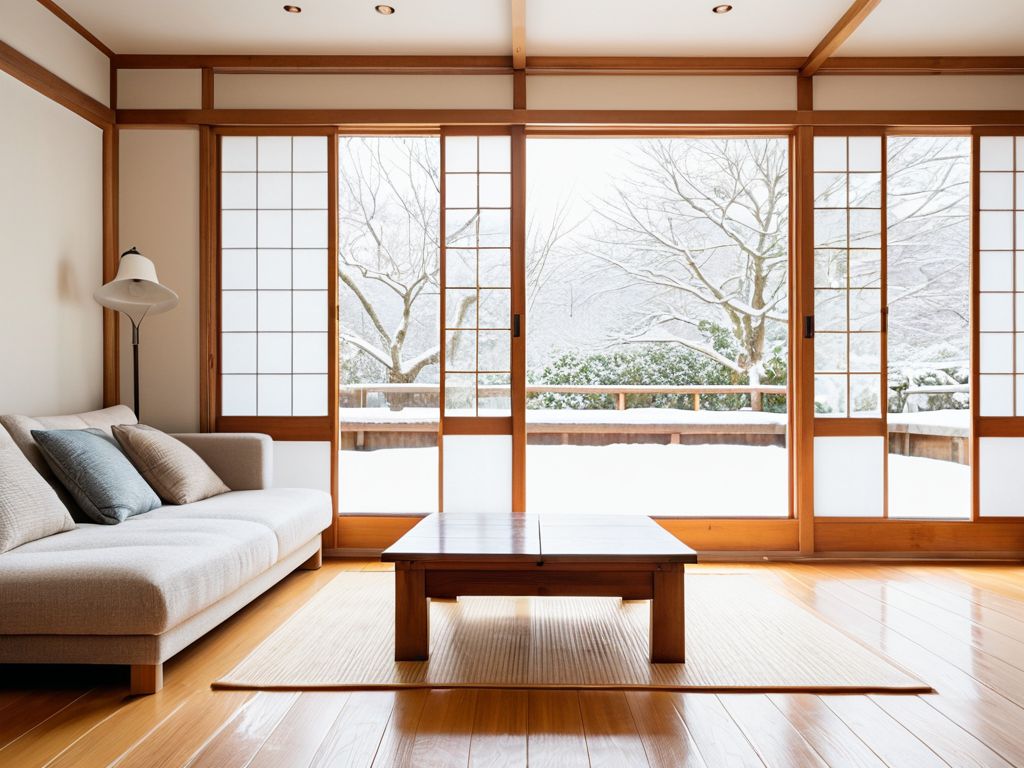 窓の外に雪が見える冬のリビング