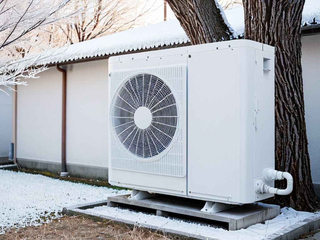 冬に屋外に置かれたエアコンの室外機と薄い霜