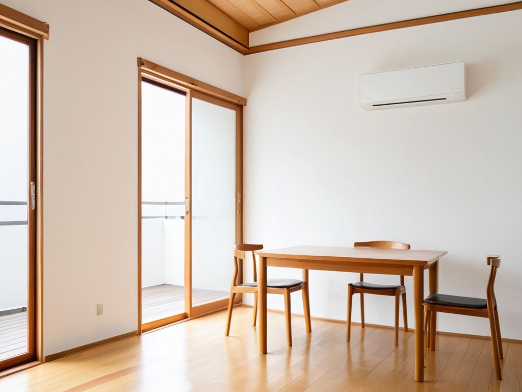 食卓のある部屋の壁の高い位置に取り付けられた壁掛けエアコンの室内機
