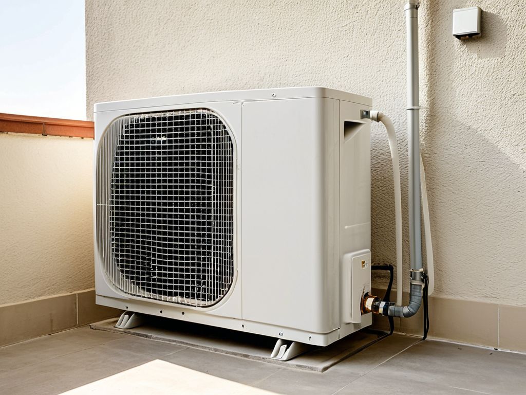 夏の日差しの下のベランダに置かれた家庭用エアコンの室外機