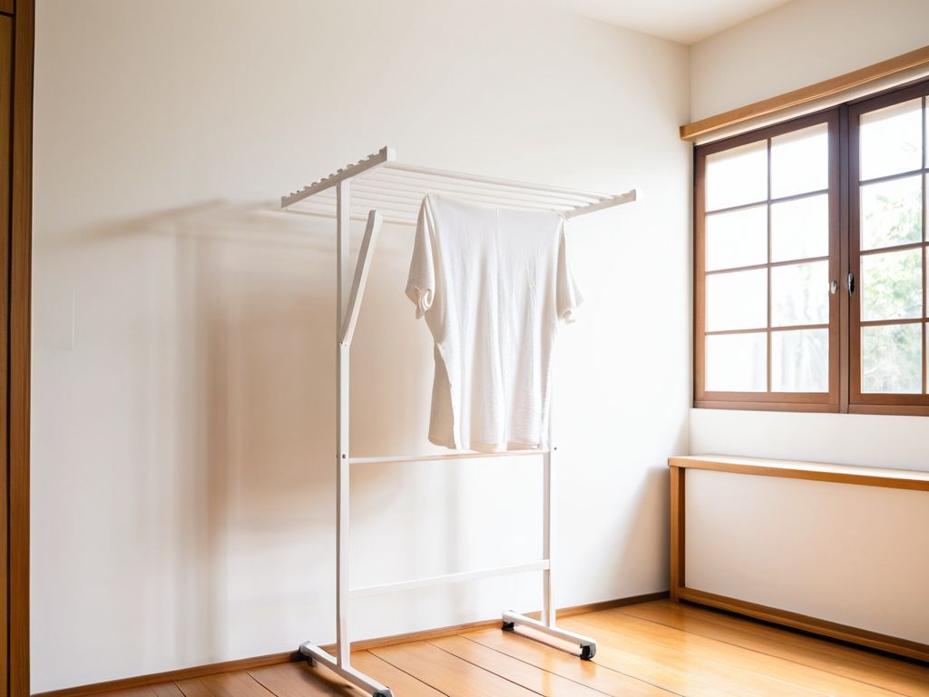 室内の物干しスタンドに干されたタオルと壁掛けエアコン