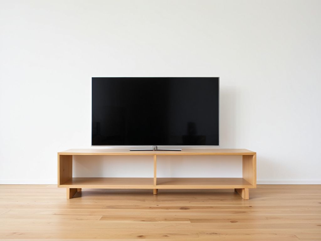 居間の低いテレビ台と電源を切ったテレビ