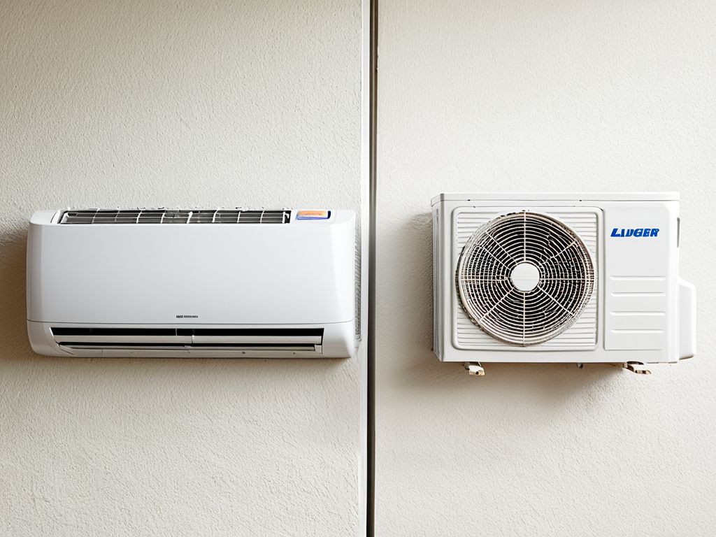 窓用エアコンと壁掛けエアコン(室外機分離型)の構造の違いを比較したイメージ