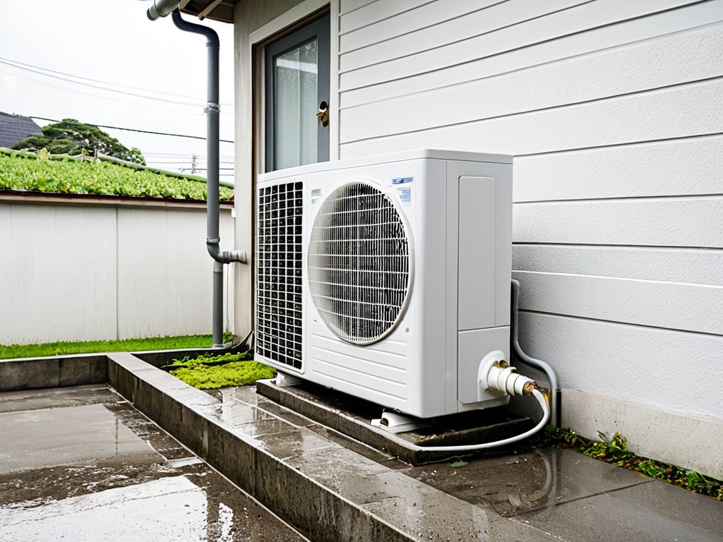 雨あがりの屋外に置かれたエアコンの室外機