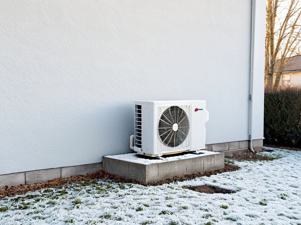 冬の朝、家の外壁の横に置かれたエアコンの室外機