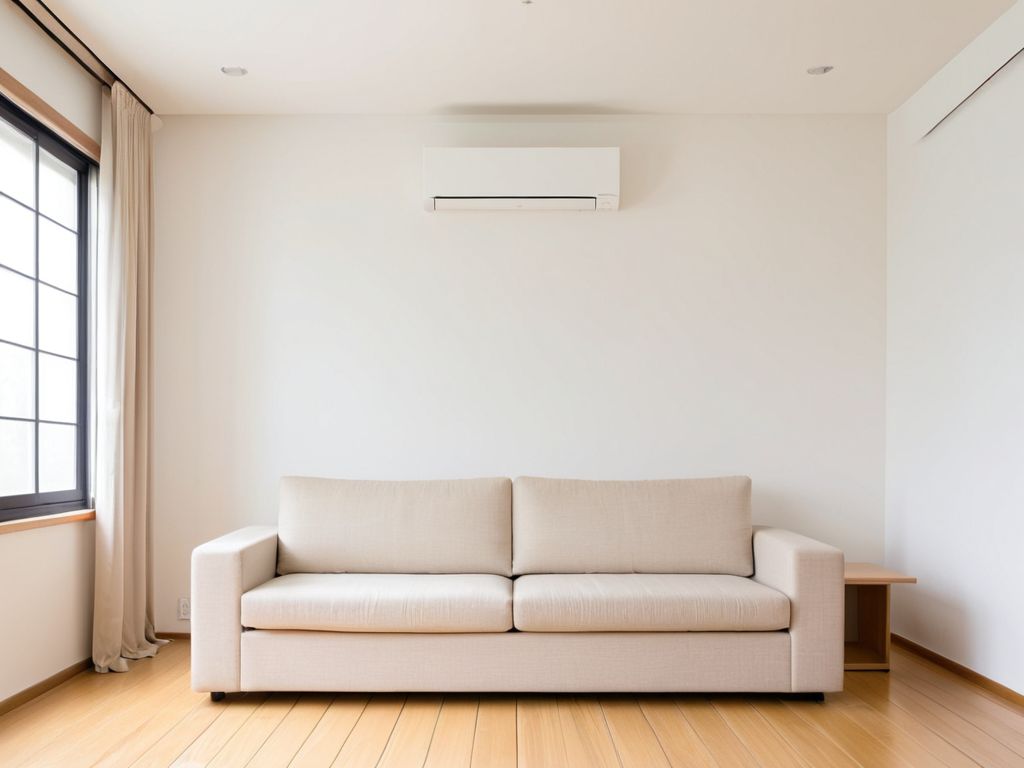 居間の壁の高い位置に取り付けられた壁掛けエアコンの室内機