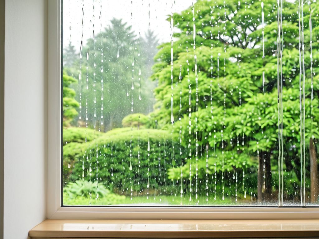 梅雨時の雨が伝う部屋の窓辺
