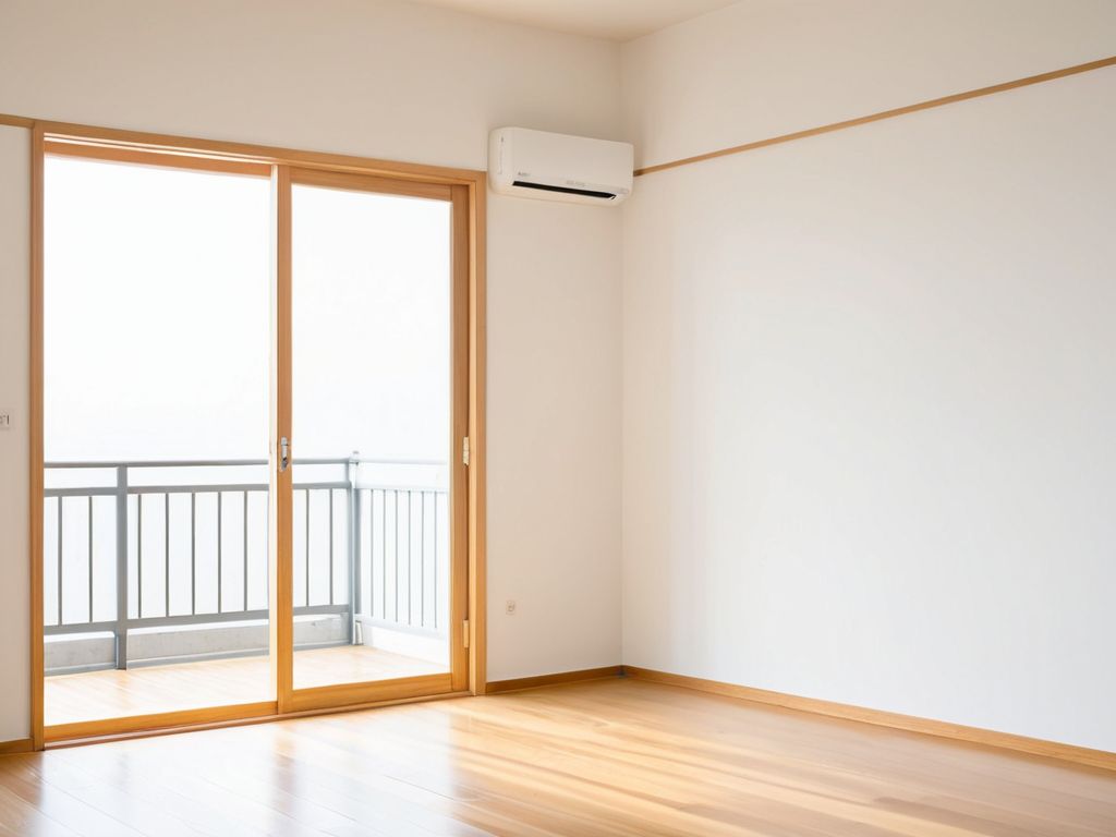 部屋の壁の高い位置に取り付けられた壁掛けエアコンの室内機