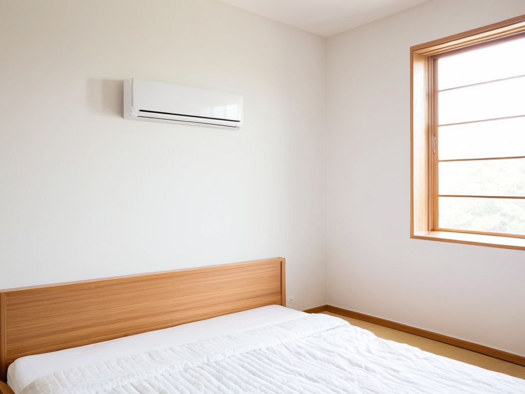 寝室の壁の高い位置に取り付けられた壁掛けエアコンの室内機