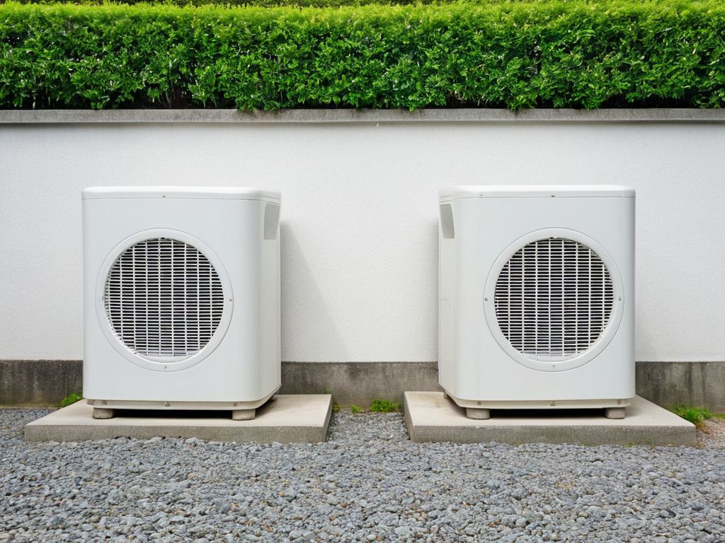 住宅の外壁沿いに並べて設置された2台のエアコンの室外機