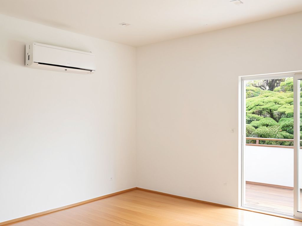 部屋の壁の高い位置に取り付けられた壁掛けエアコンの室内機