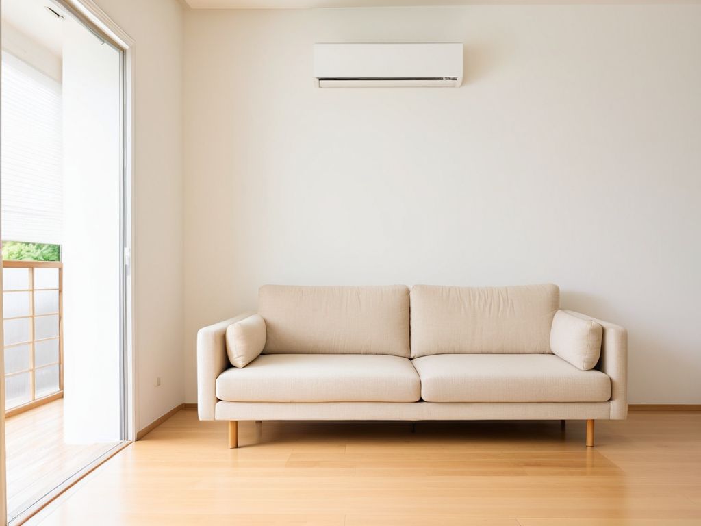 日本の住宅の居間の壁に取り付けられた壁掛けエアコンの室内機
